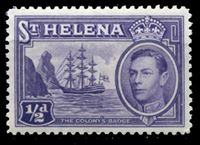 Изображение Святой Елены о-в 1938-44 гг. Gb# 131 • Георг VI основной выпуск • 1/2d. • Фрегат у берега острова • MNH OG XF