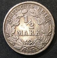 Изображение Германия 1918 г. D (Мюнхен) • KM# 17 • ½ марки • (серебро) • герб Империи • регулярный выпуск • AU