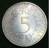 Изображение Германия ФРГ 1973 г. J (Гамбург) • KM# 112.1 • 5 марок • серебро • регулярный выпуск • MS BU