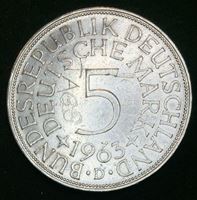 Изображение Германия ФРГ 1963 г. D (Мюнхен) • KM# 112.1 • 5 марок • серебро • регулярный выпуск • BU- ( кат.- $60,00 )