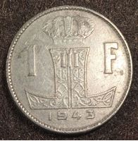 Изображение Бельгия 1943 г. • KM# 127 • 1 франк • текст "Belgique-Belgie" • регулярный выпуск • AU+ ( кат.- $6,00 )