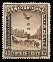Изображение Ньюфаундленд 1933 г. • Gb# 229 • 15 c. • надпечатка для обычной почты • собачья упряжка под самолетом • MLH OG XF