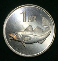 Изображение Исландия 1999 г. • KM# 27a • 1 крона • Рыба(треска) • регулярный выпуск • MS BU ( кат.- $1,50 )