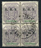Изображение Трансвааль 1901-2 гг. • Gb# 242 • 2s.6d. (концовка серии) • надпечатка "E.R.I." • герб колонии • Used(ФГ) VF • кв.блок ( кат.- £120 )
