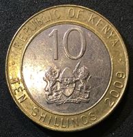 Изображение Кения 2009 г. • KM# 35 • 10 шиллингов • герб Кении • президент Джомо Кениата • регулярный выпуск • AU