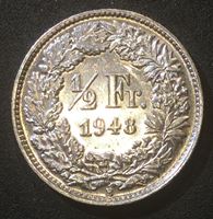 Изображение Швейцария 1948 г. B (Берн) • KM# 23 • 1/2 франка • серебро • регулярный выпуск • MS BU люкс!