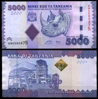 Изображение Танзания 2010 г. P# 43 • 5000 шиллингов • носорог • регулярный выпуск • UNC пресс
